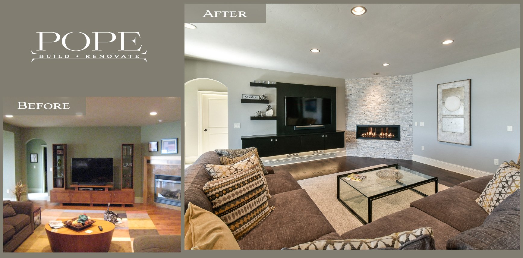 Side-by-side before and after images of a living room renovation. The before image shows an older, less modern space with a different TV setup, while the after image features a contemporary living room with a wall-mounted TV, a fireplace, modern deco