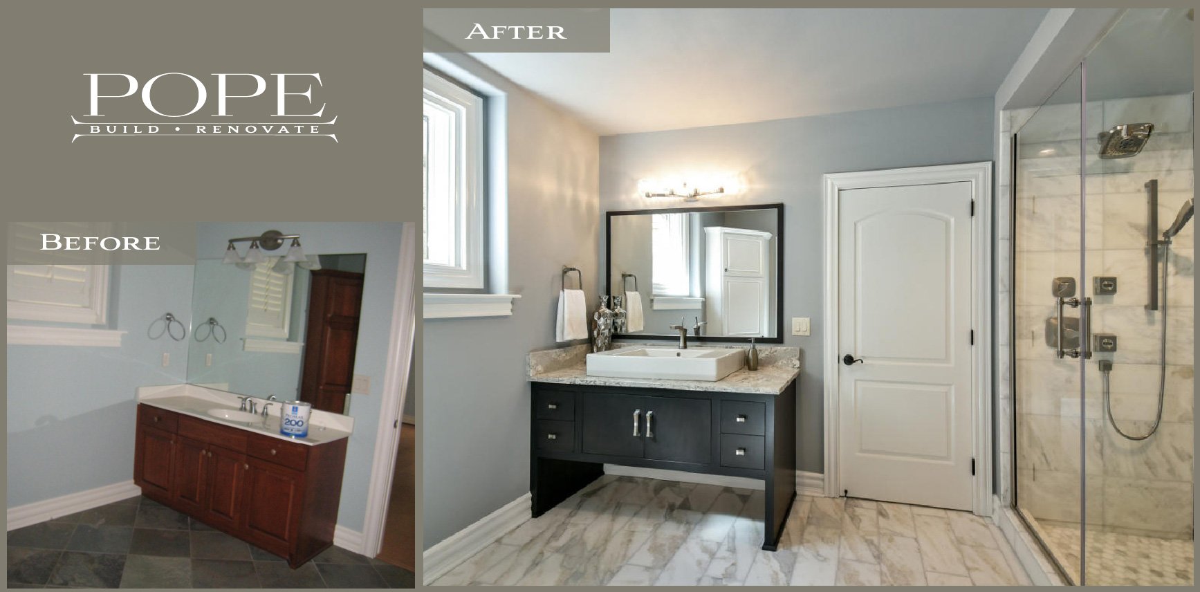 Image showing a bathroom renovation project, labeled 'after' with a 'before' inset. The renovated bathroom features a modern vanity with a vessel sink, a large mirror, and marble flooring. A glass-enclosed shower with marble tiles is visible on the r