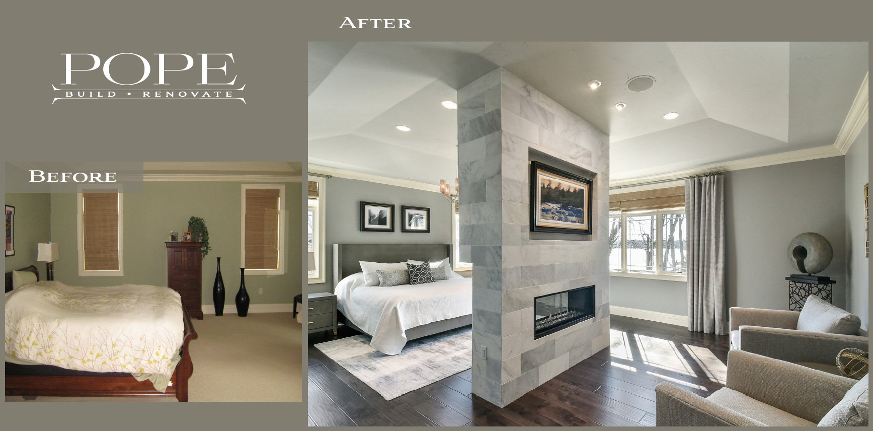 Comparison of a bedroom before and after renovation, showing changes in decor, furniture, and overall appearance.