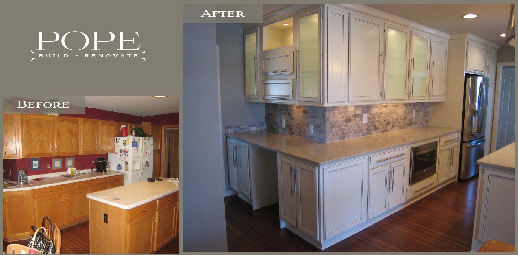 Side-by-side comparison of a kitchen before and after renovation. The "Before" shows a darker kitchen with wooden cabinets, red wall, and cluttered countertop. The "After" displays a remodeled kitchen with light-colored cabinets, a brick backsplash, 