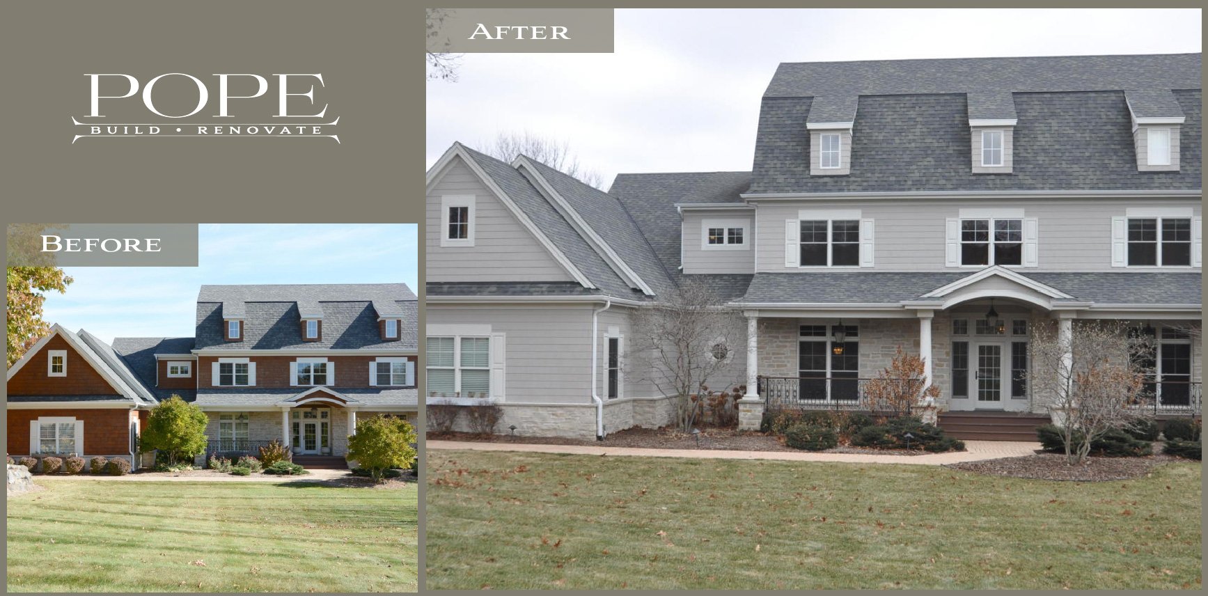 Comparison of house renovations showing the 'Before' photo with a red brick house and the 'After' photo with a gray and white house with new siding and roofing.