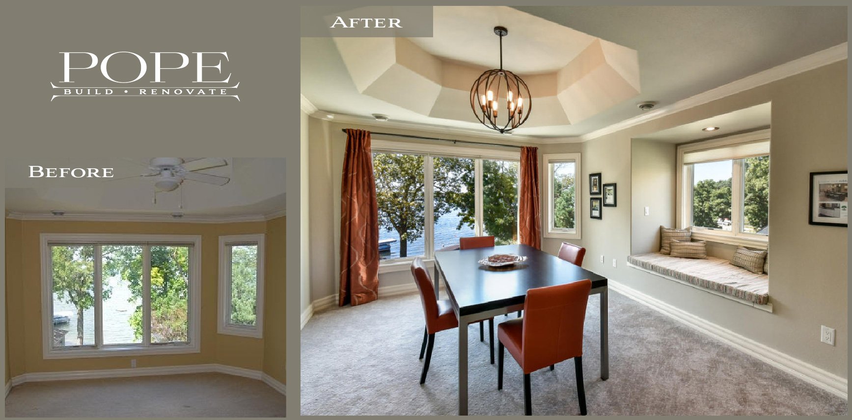 Comparison of a dining room before and after renovation. The before image shows an empty room with a ceiling fan and yellow walls. The after image features a furnished dining area with a black table, orange chairs, large windows with curtains, and a 
