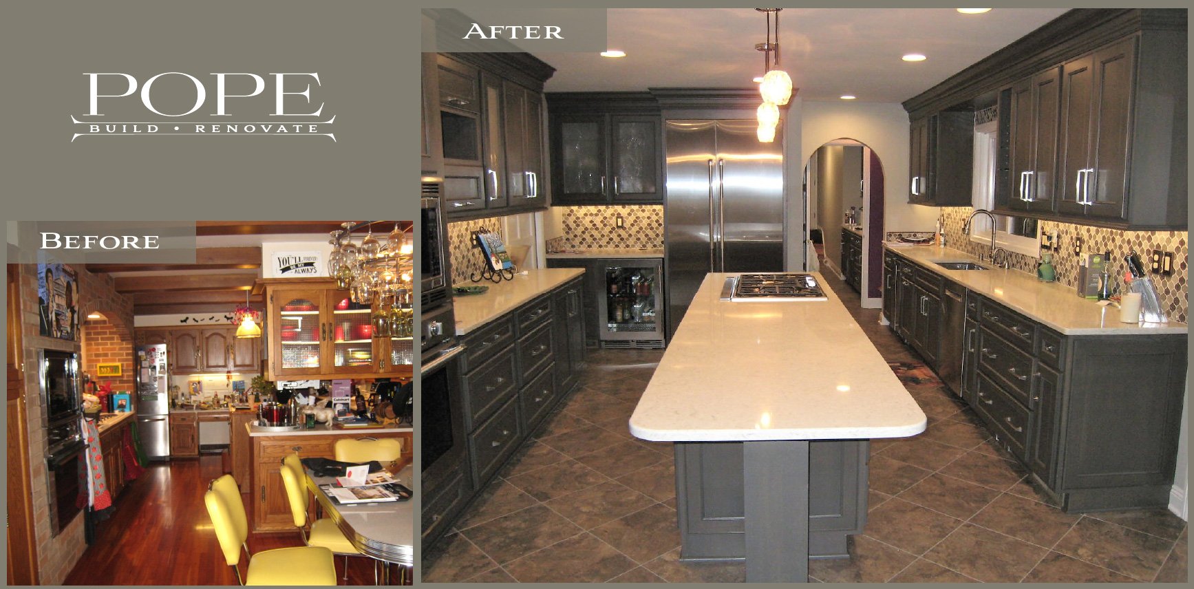 Comparison of a kitchen before and after renovation. The before image shows a cozy kitchen with wooden cabinets, a brick wall, and yellow chairs. The after image features a modern kitchen with dark cabinets, a marble countertop island, and stainless 