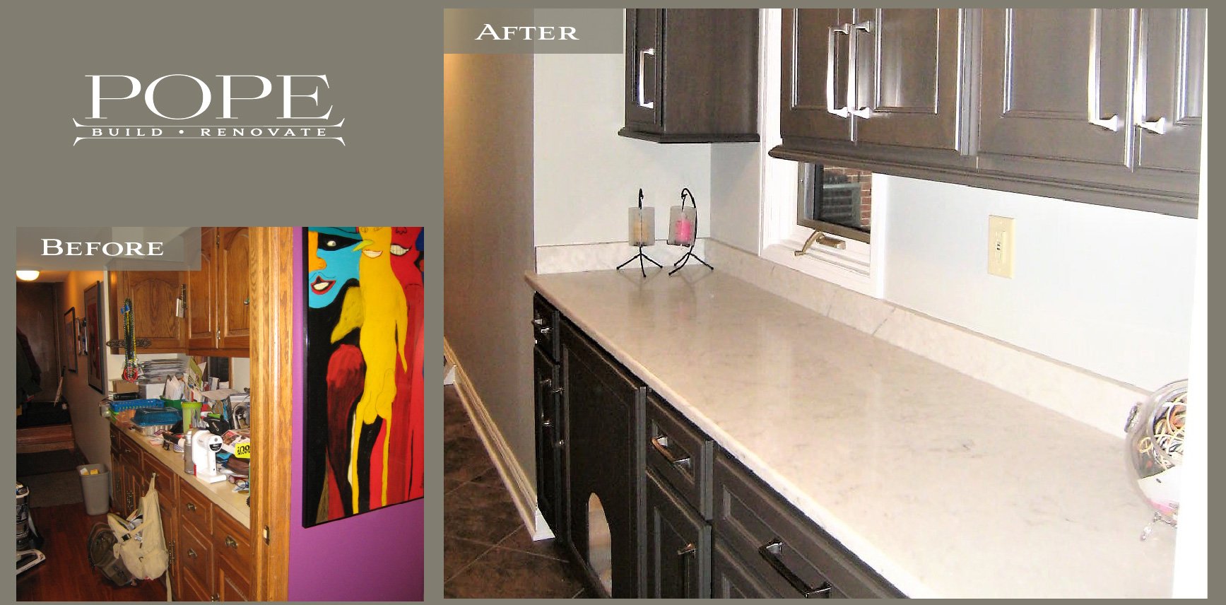 A before and after kitchen renovation comparison. The 'before' shows cluttered wooden cabinets and a colorful wall art. The 'after' shows a clean kitchen with dark cabinets, a marble countertop, a window, and minimal decor.