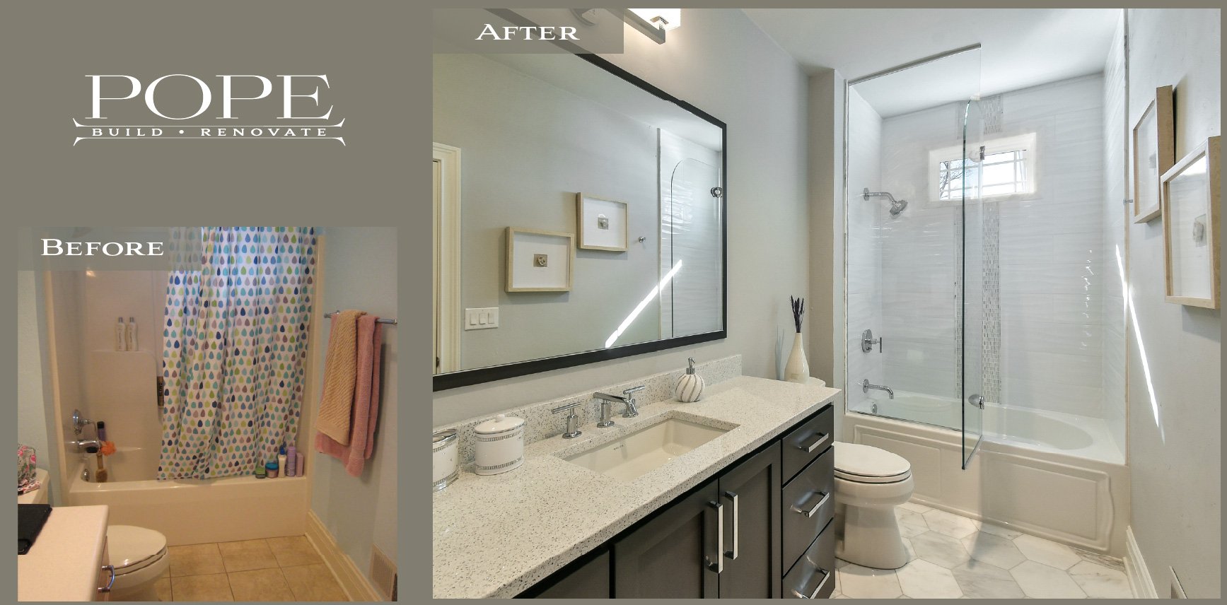 Side-by-side comparison of a bathroom before and after renovation. The before image shows a small bathroom with a bathtub, shower curtain with colorful polka dots, and a toilet. The after image displays a modern bathroom with a large mirror, double s