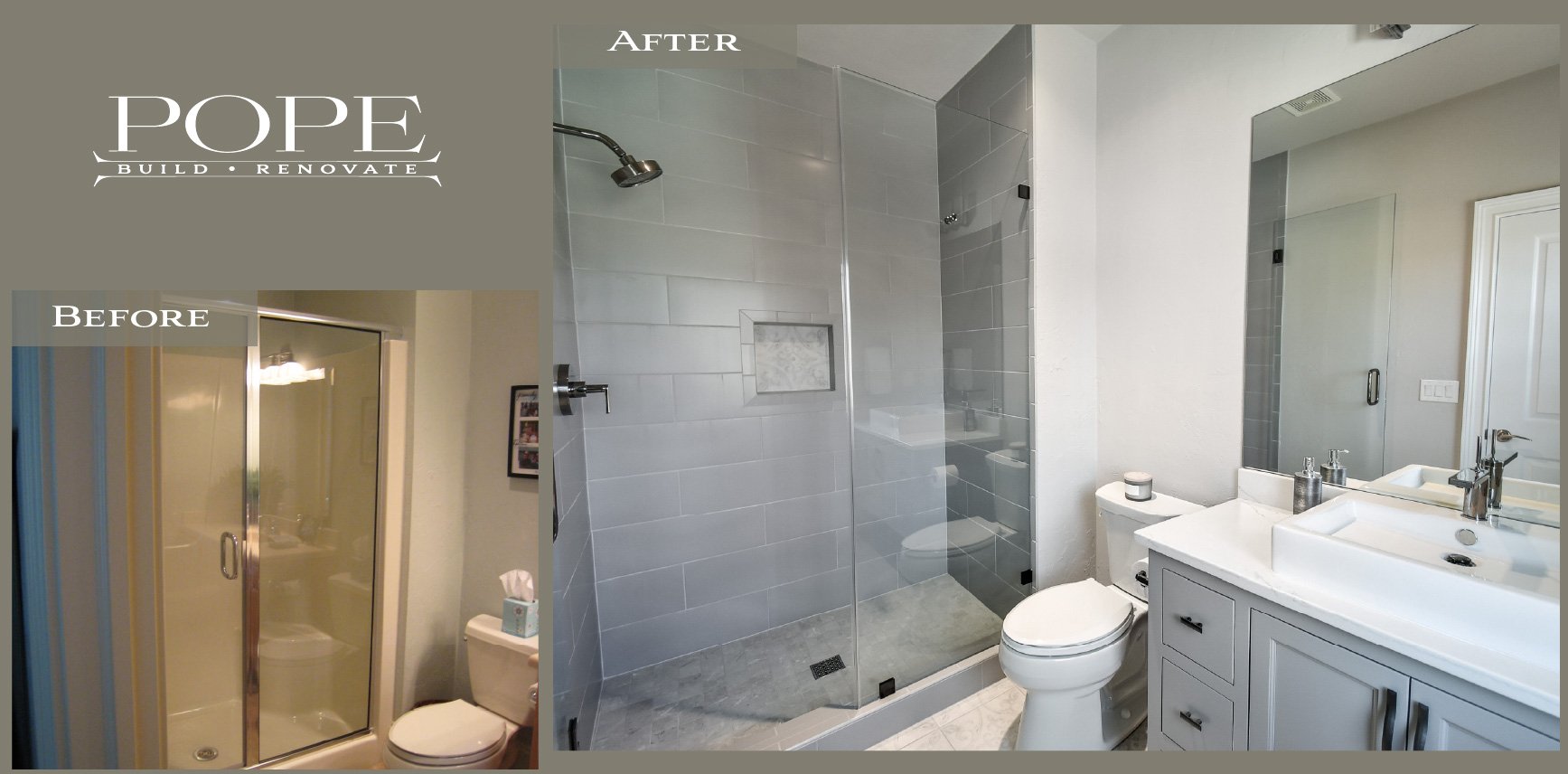 Comparison of a bathroom before and after renovation, showing a small shower stall and toilet in the before image, and a modern glass-enclosed shower, toilet, and vanity with a large mirror in the after image.