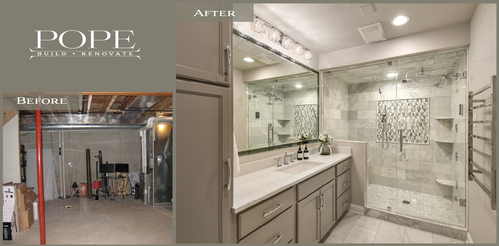 Comparison of a basement before and after renovation, showing an unfinished, cluttered space on the left and a modern, finished bathroom with a shower on the right.