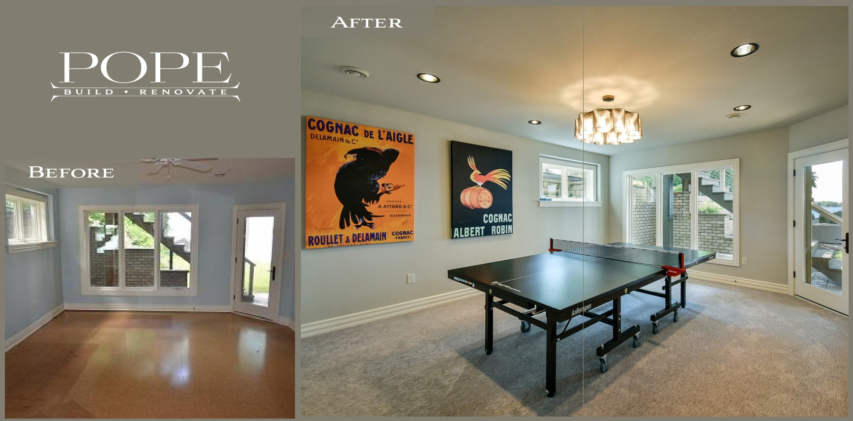 Before and after images of a room renovation with a table tennis setup, showing improvements in wall paint, lighting, and decor, including artwork on the wall.