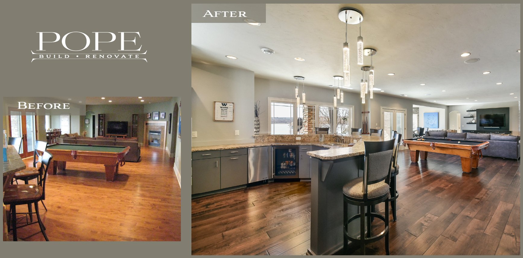 Side-by-side comparison of a living space before and after renovation, showing an upgrade from an older room with a pool table to a modern open-concept kitchen and living area with hardwood floors, contemporary lighting, and large windows.