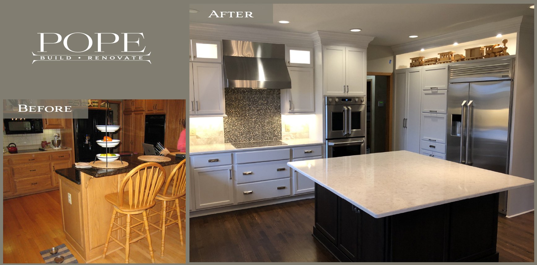 Comparison of a kitchen before and after renovation. The 'Before' side features wood cabinets, a small island with bar stools, and traditional appliances. The 'After' side displays a modern design with white cabinets, a black island with a white coun
