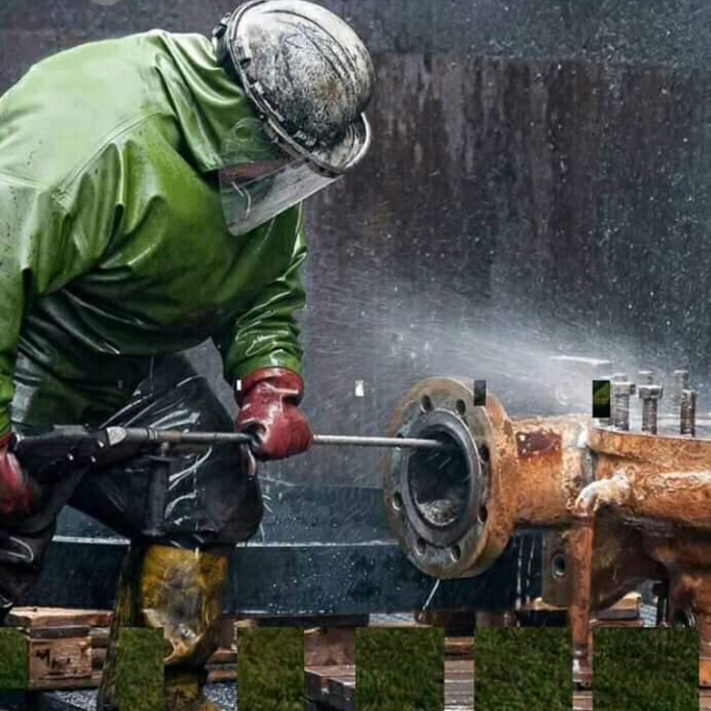 Worker cutting rusty metal pipe with an angle grinder, wearing green protective jacket, hard hat, face shield, and gloves, with sparks flying.