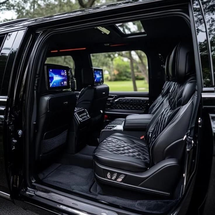 Interior of a luxury SUV with black leather seats, diamond-stitched pattern, and touchscreen displays on the back of the front seats.