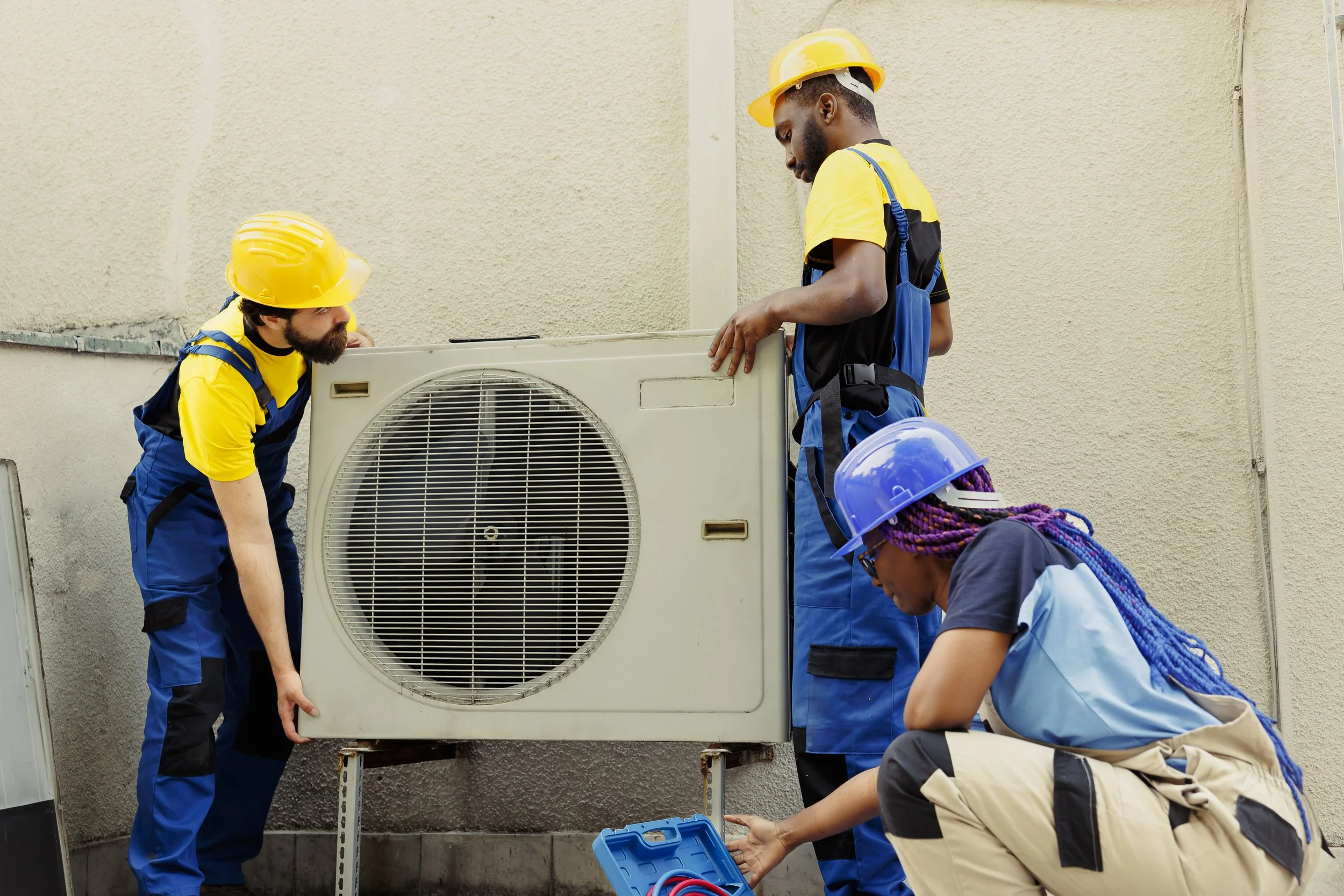Three technicians, two men and one woman, wearing yellow and blue uniforms and hard hats, repairing an outdoor air conditioning unit against a beige wall.