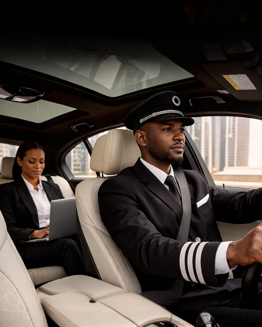 A chauffeur in a black uniform and cap driving a luxury car with a woman in business attire working on a laptop in the back seat