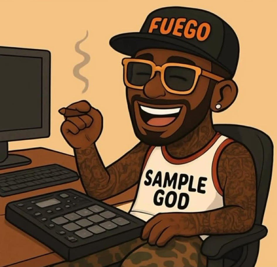 Cartoon man with tattoos, wearing glasses, a black cap with 'FUEGO' written on it, a sleeveless shirt that says 'SAMPLE GOD', sitting at a desk with music production equipment, smiling and holding a lit joint.