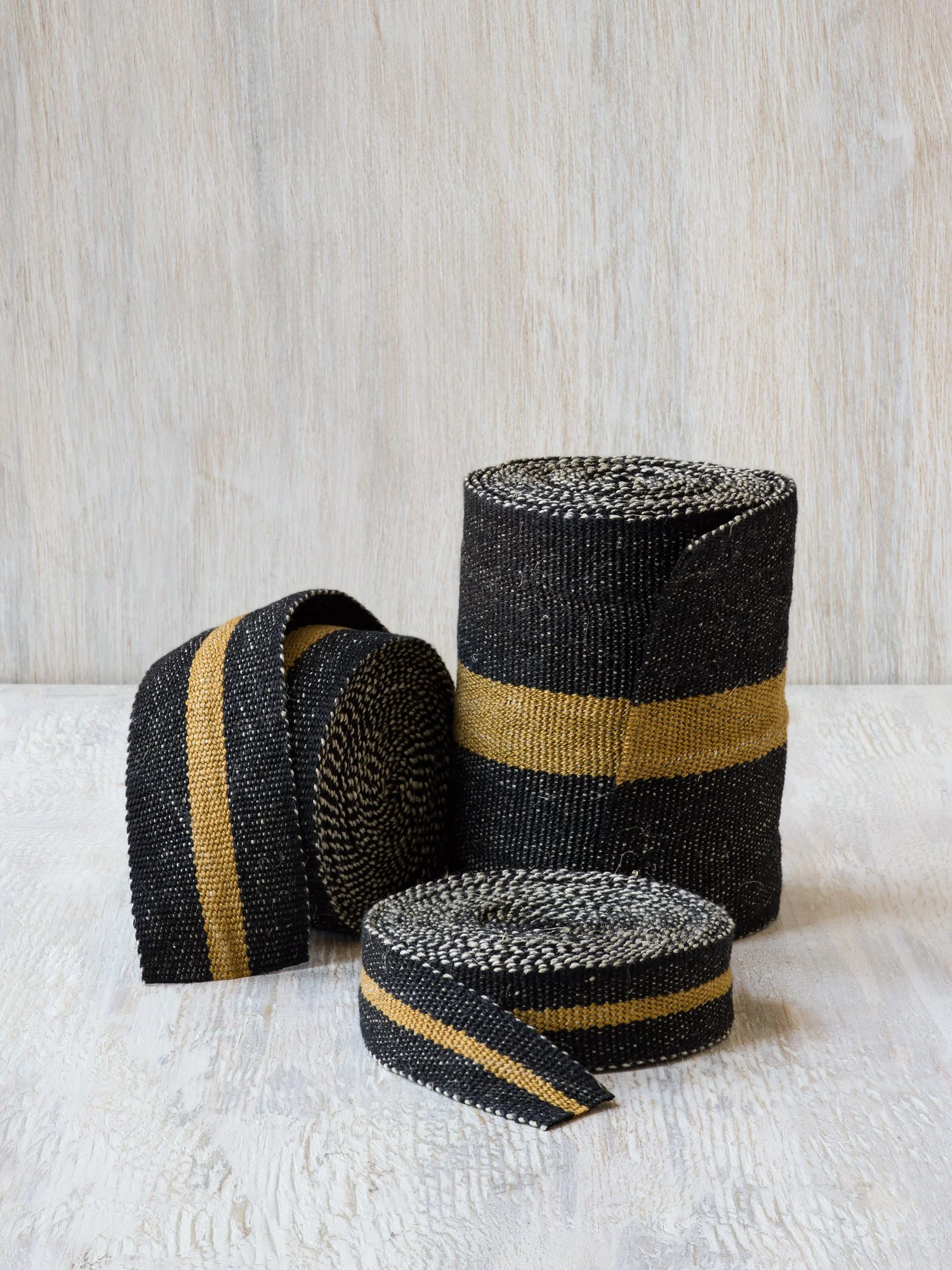 Modern Neutral I: Black and Bronze handwoven linen tape trim in black with a bold bronze band in narrow, medium and wide widths.