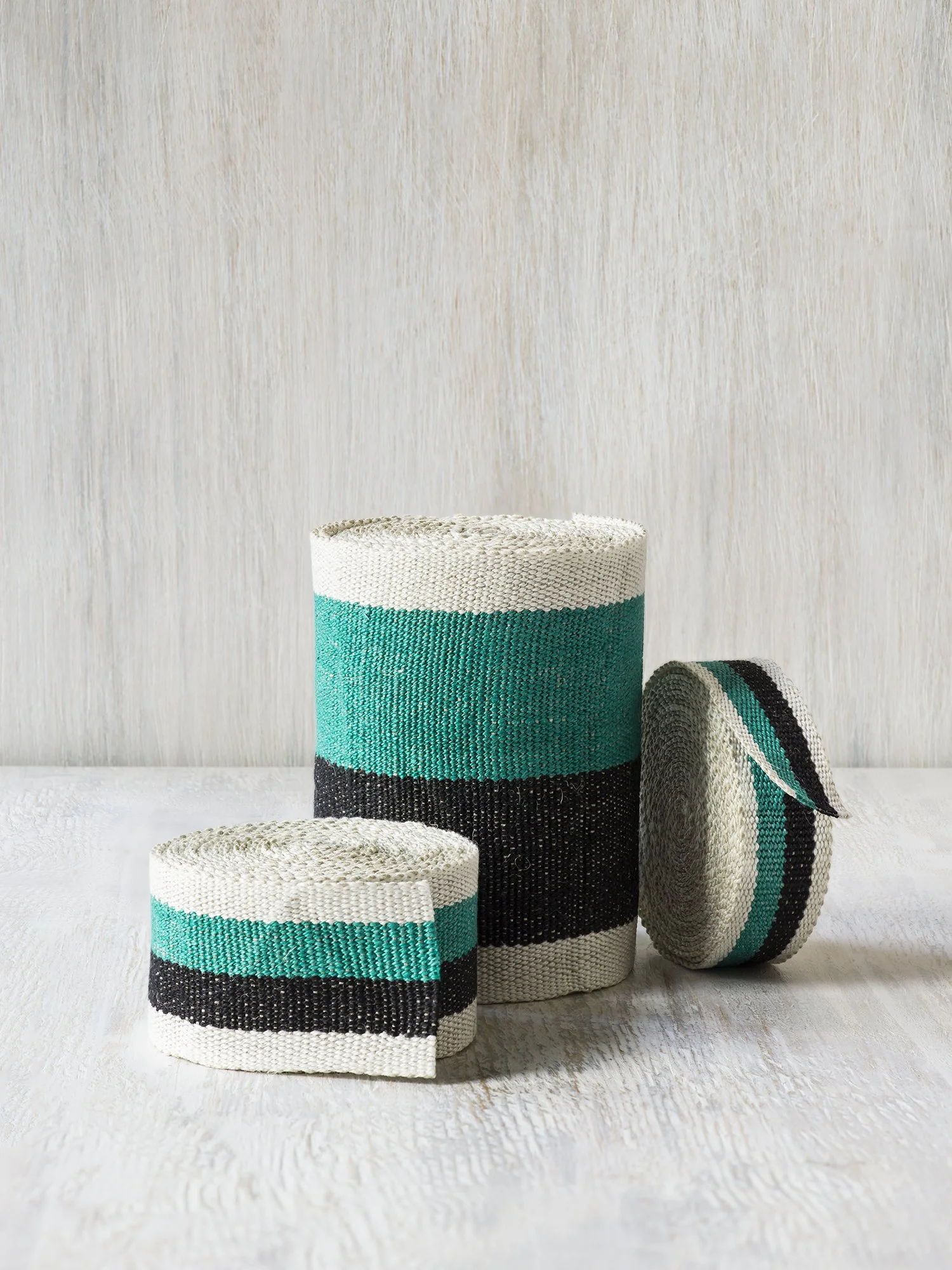 Dorothy handwoven linen tape trim in a bright emerald green, black and white in narrow, medium and wide widths.