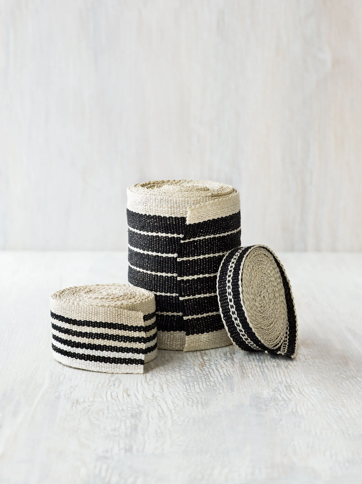 Old Tuxedo handwoven linen tape trim in black, ivory and cream in narrow, medium and wide widths.