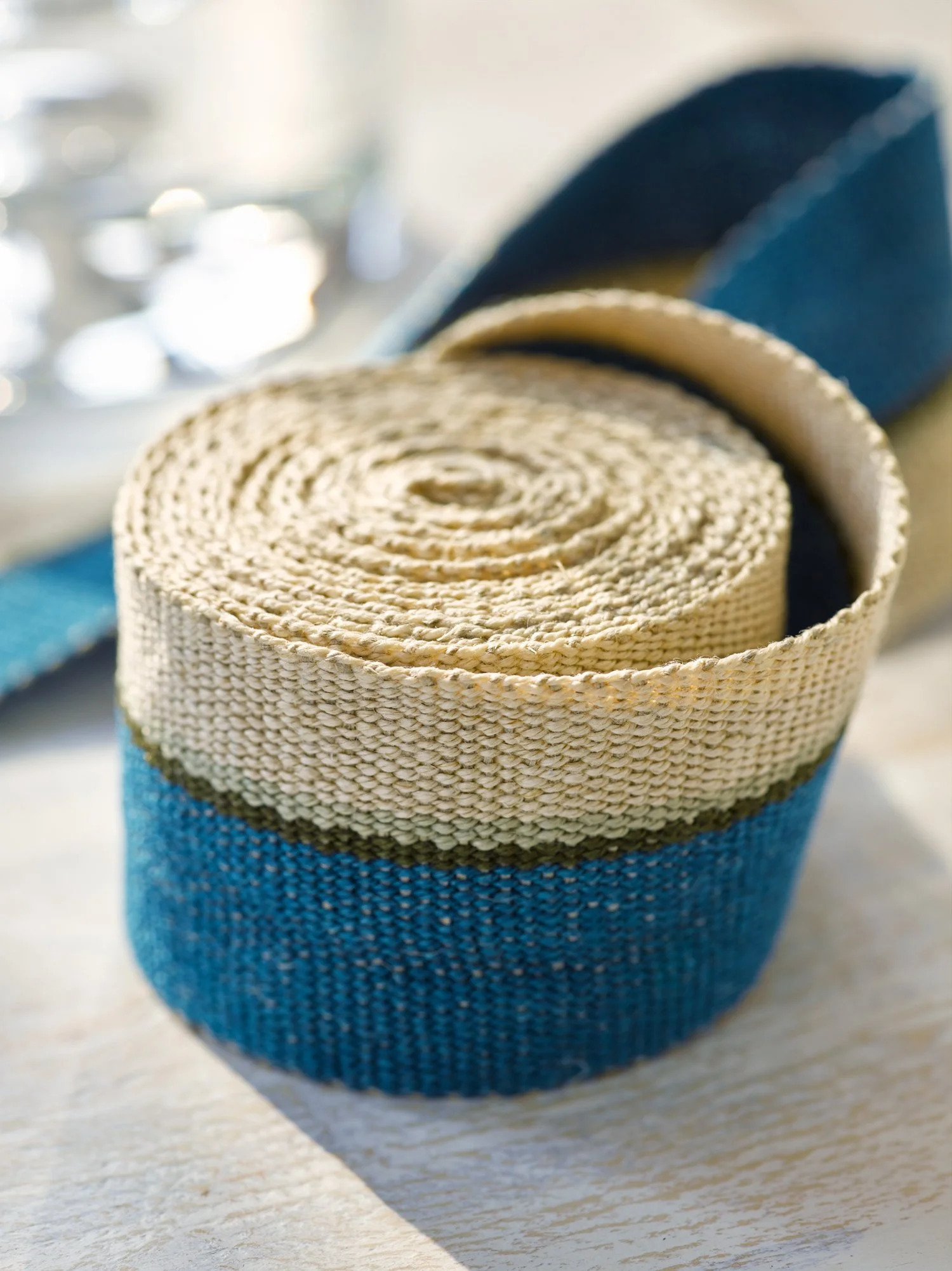 Silver Blue handwoven linen tape trim in dark cerulean blue, dark olive, sage and ivory in medium width.