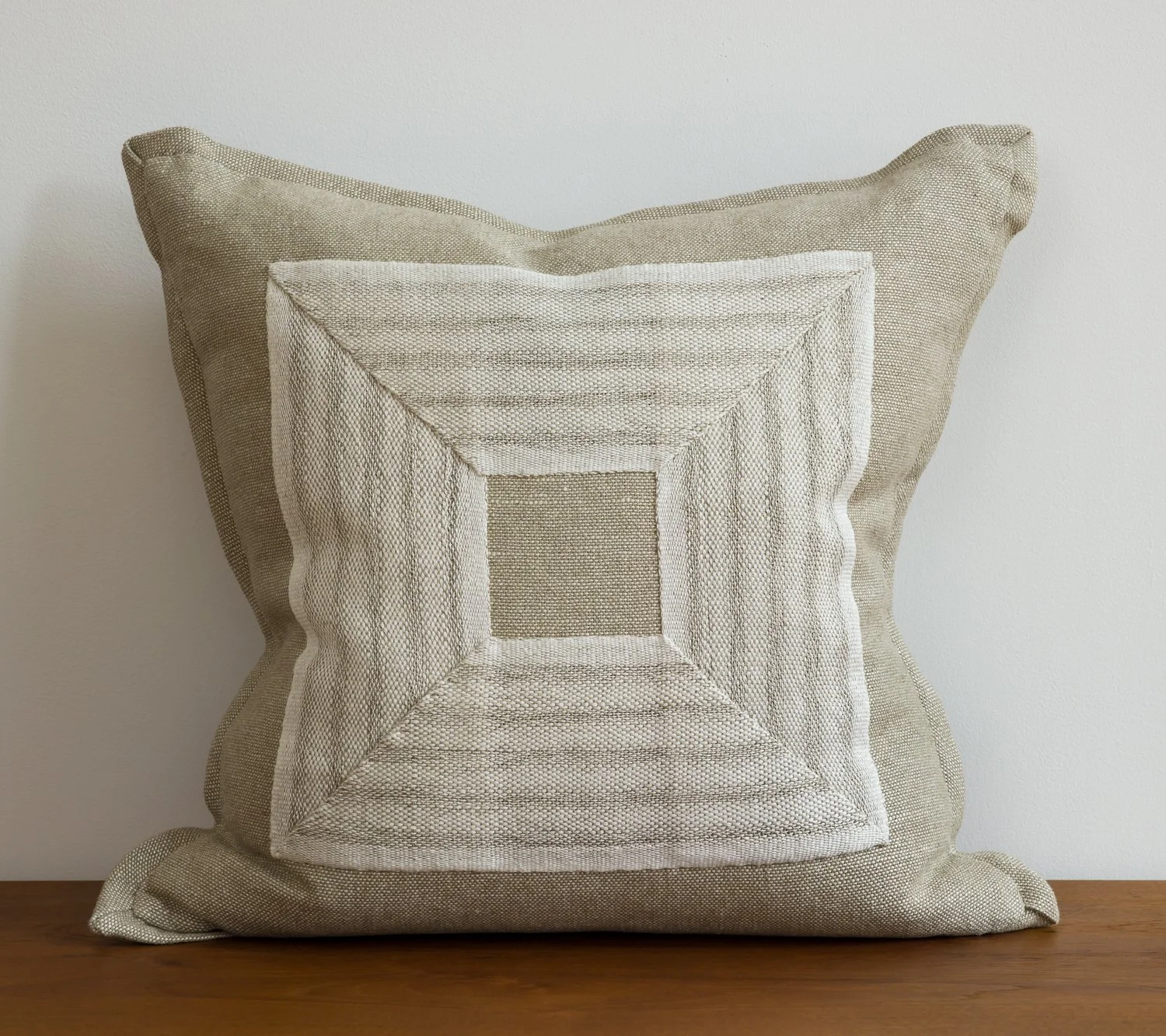 20x20" flax pillow with frame detail of White Fretwork wide handwoven linen tape trim