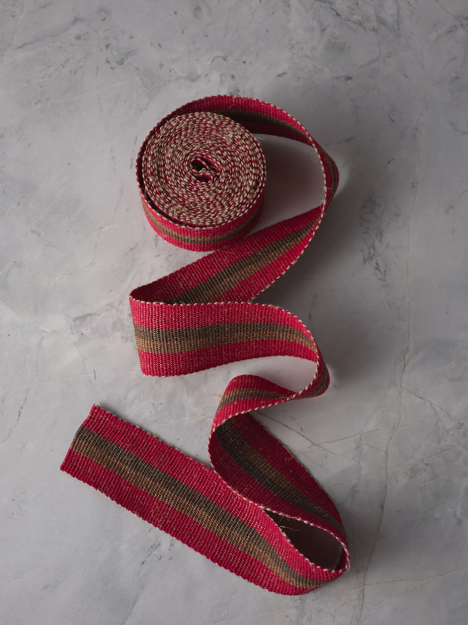 Red and Cocoa handwoven linen tape trim in deep, rich red and browns in medium width.