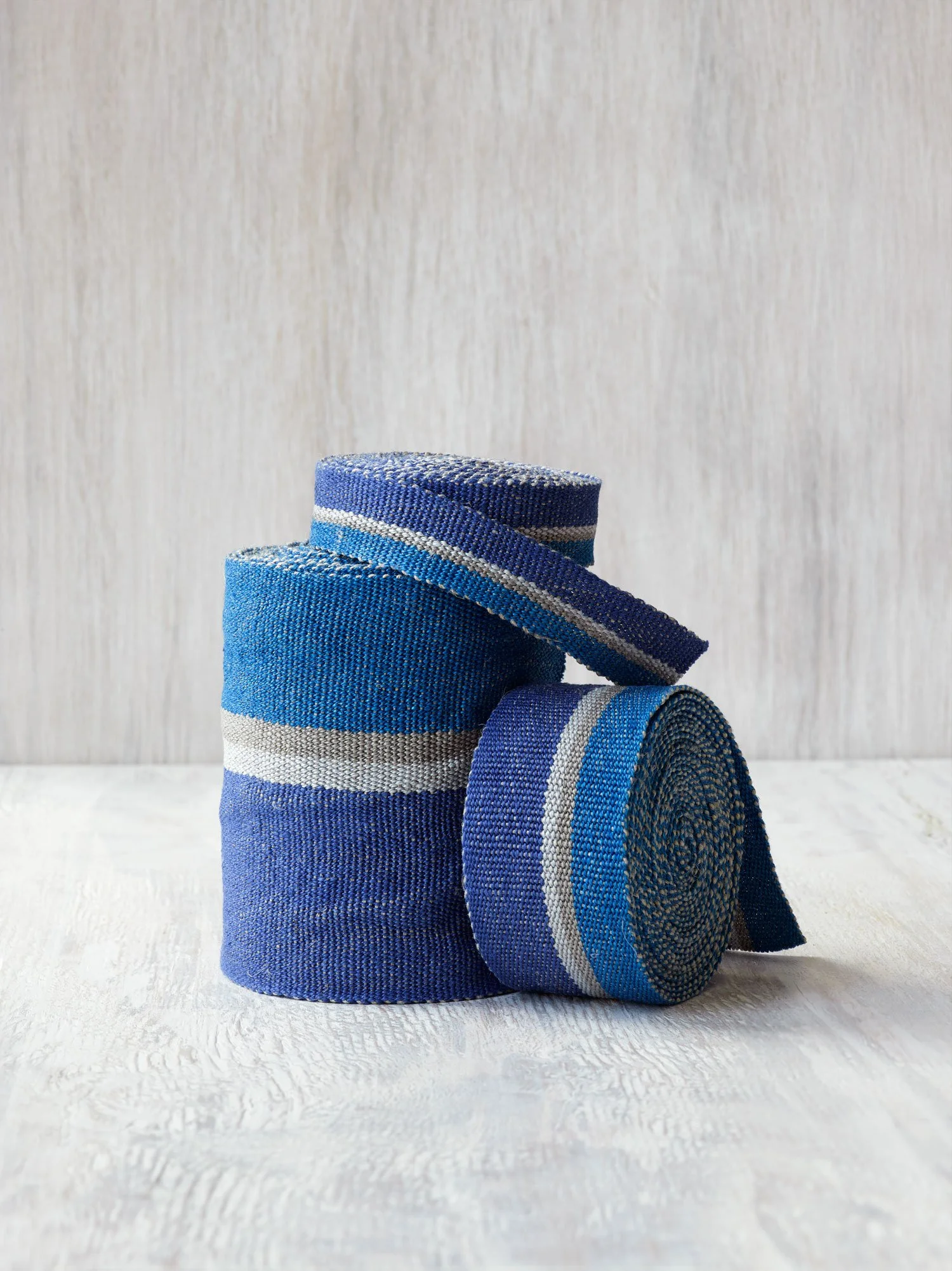Ocean handwoven linen tape trim in two bold blues in narrow, medium and wide widths.
