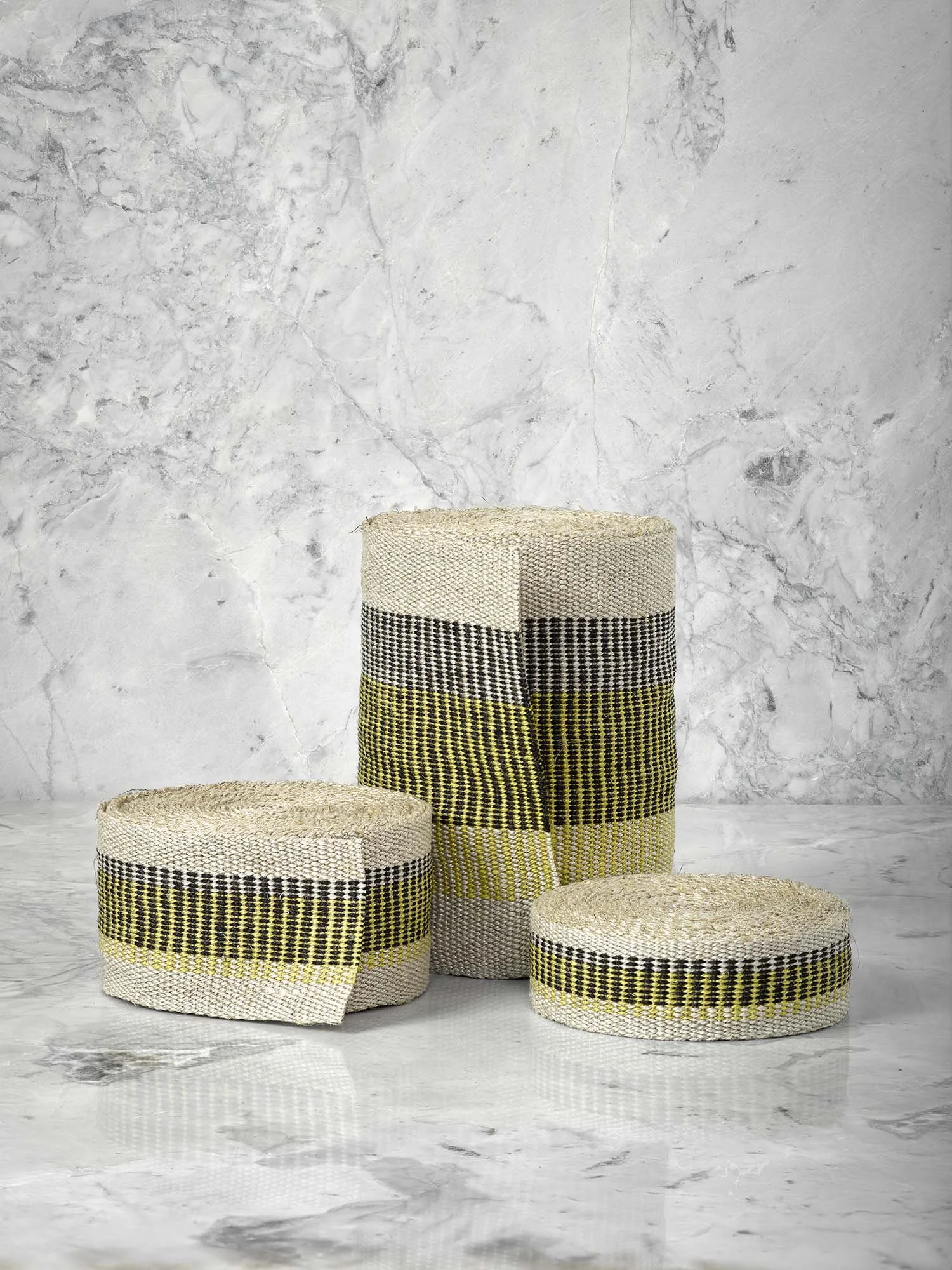 Lovegrass handwoven linen tape trim with black and citron stacked stripes in narrow, medium and wide widths.