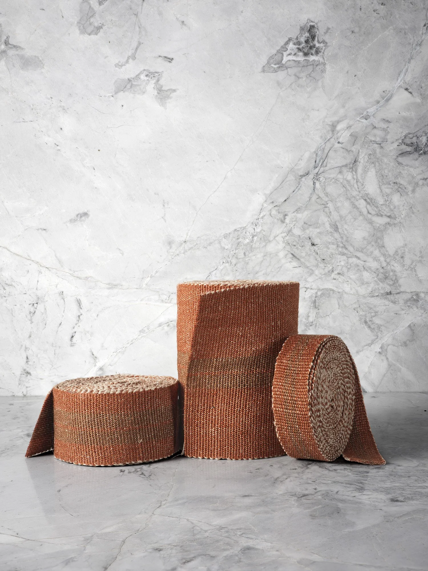 Barred Copper handwoven linen tape trim in two shades of brown: oak and a shimmery copper in narrow, medium and wide widths.