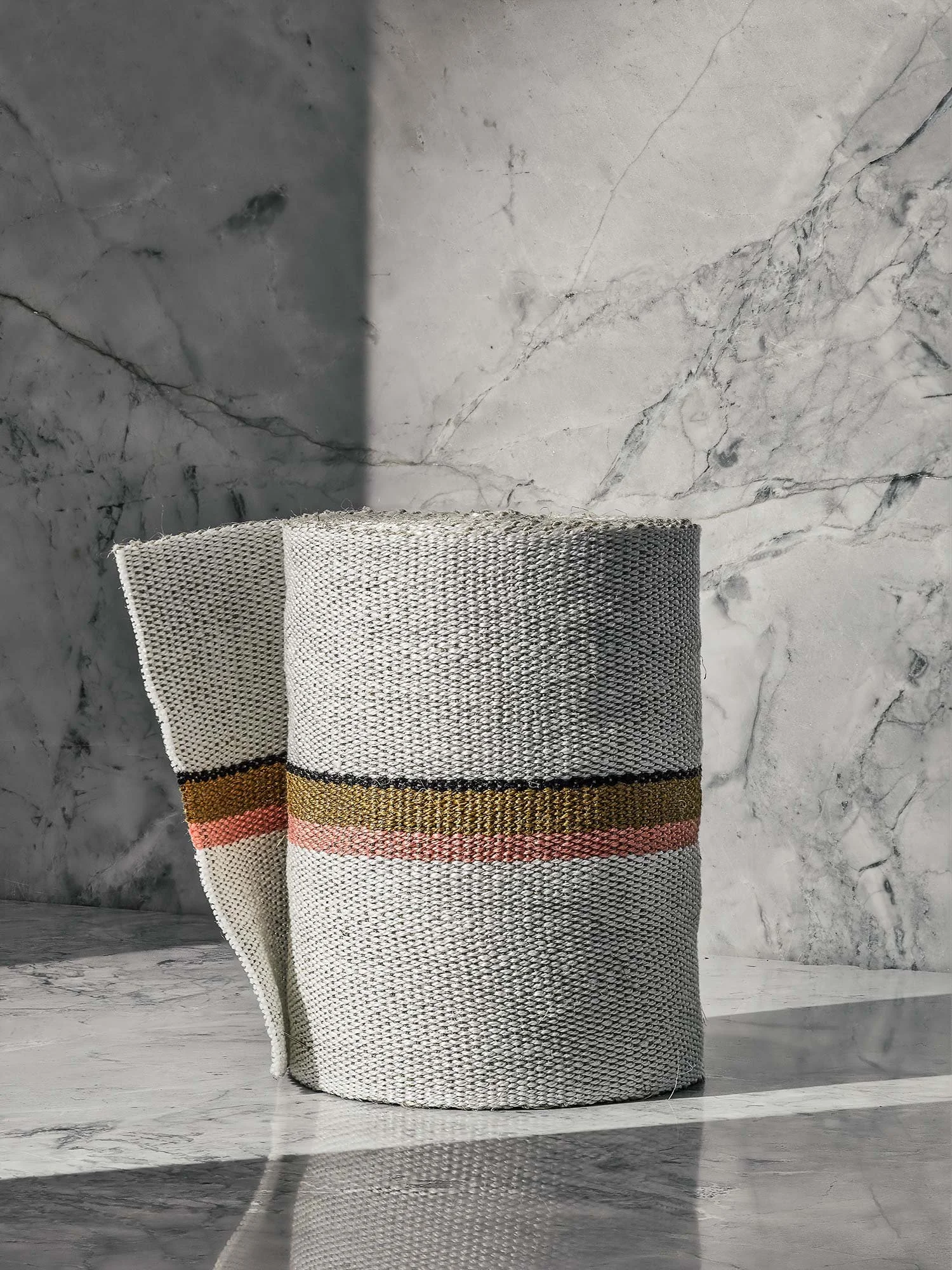Anni handwoven linen tape trim in coral, bronze, black and white in wide width.