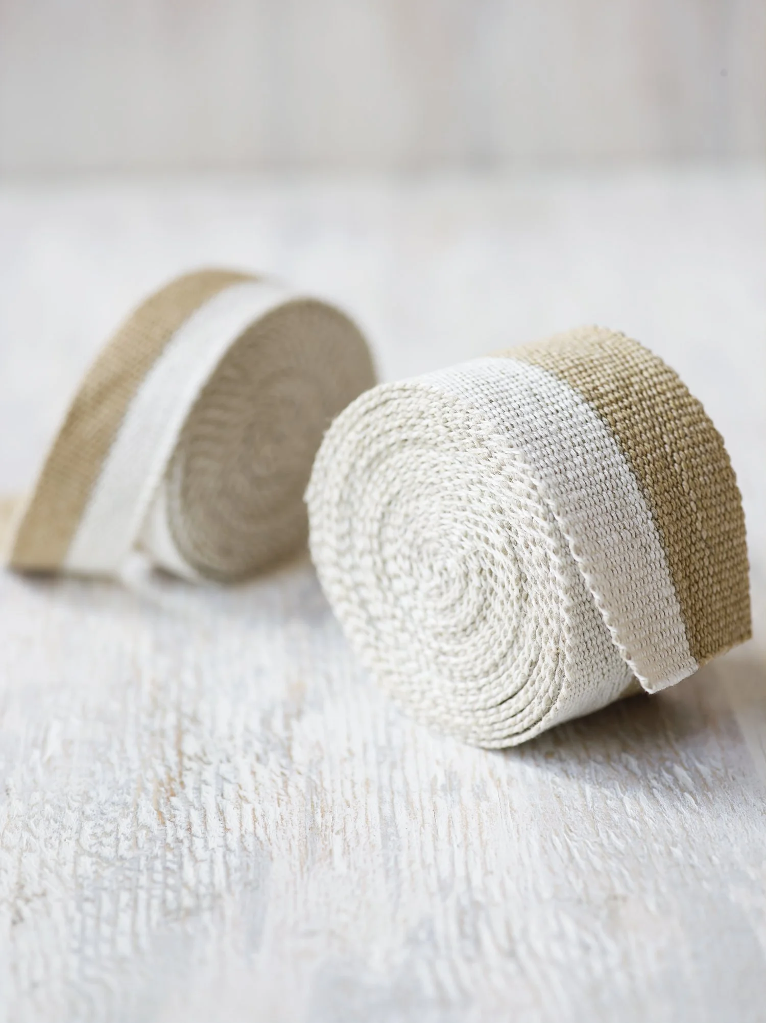 Modern Neutral III: White and Gold handwoven linen tape trim in half white and half gold in narrow and medium widths.