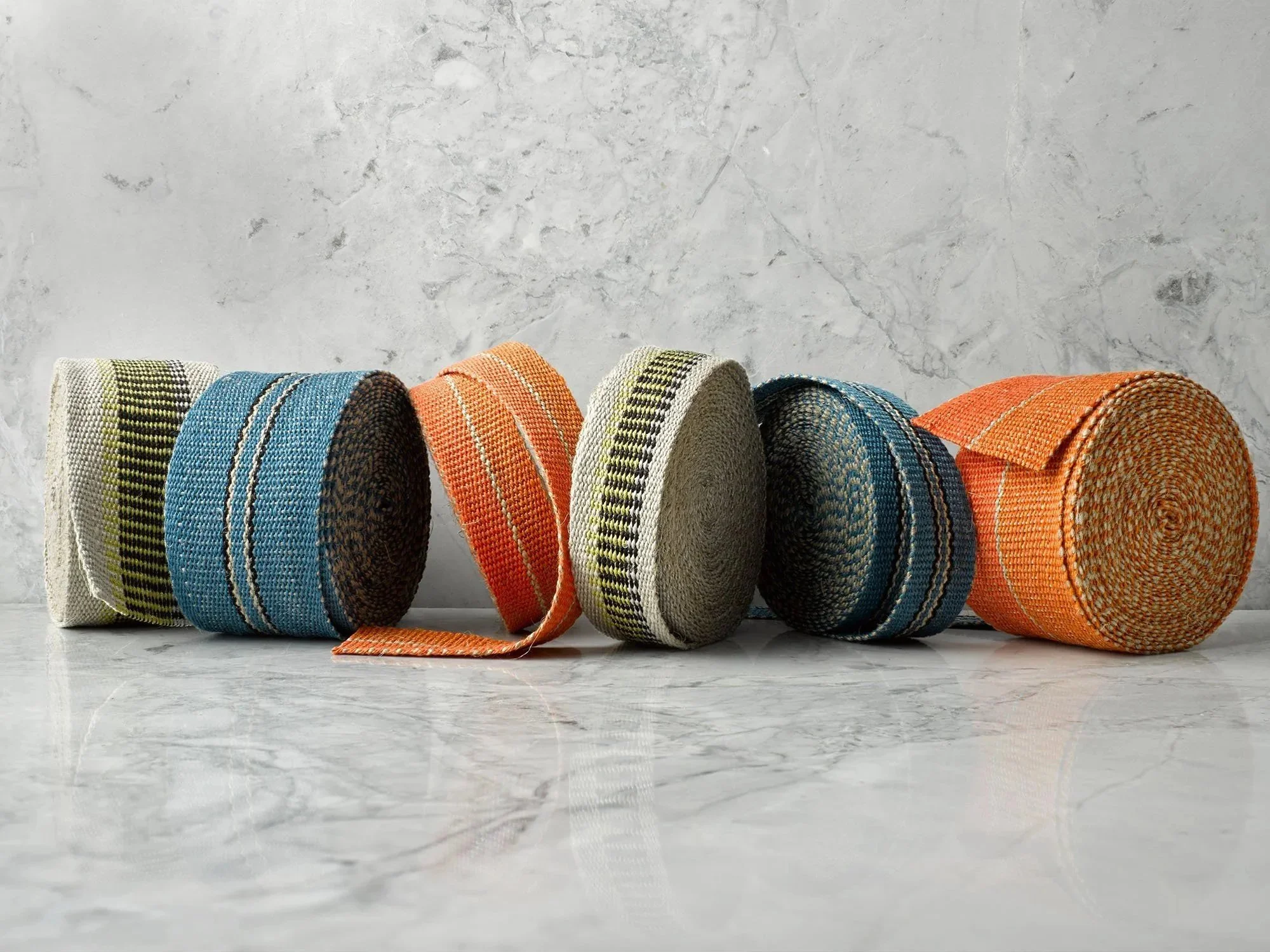 Potimarron, Lysefjord and Lovegrass handwoven linen tapes in narrow and medium widths.