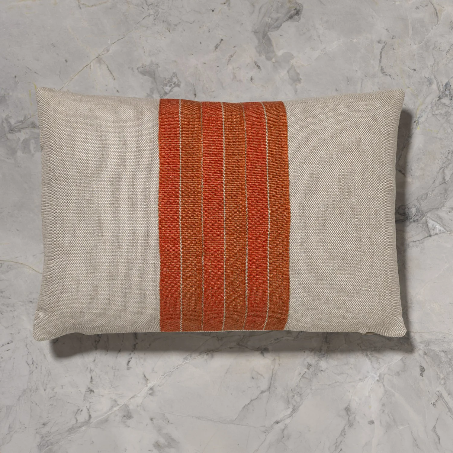 12x18" flax pillow with three center medium detail of Potimarron handwoven linen tape trim