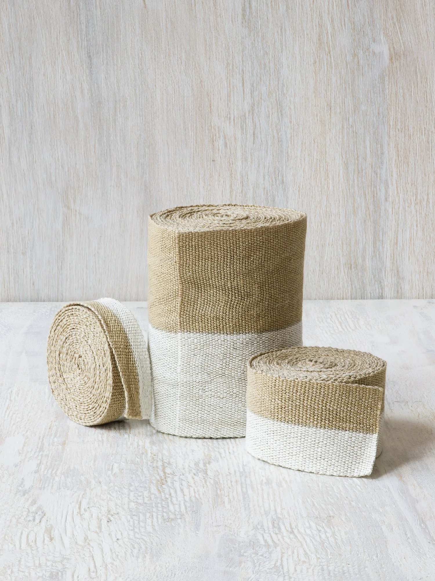 Modern Neutral III: White and Gold handwoven linen tape trim in half white and half gold in narrow, medium and wide widths.