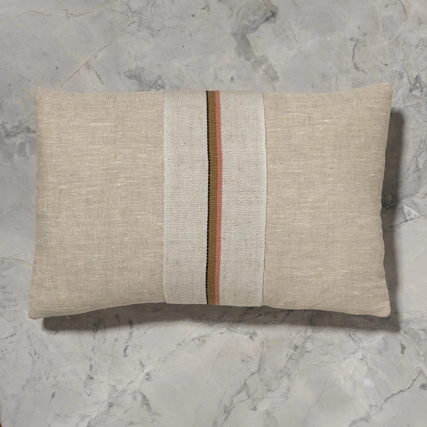 12x18" flax pillow with center wide detail of Anni handwoven linen tape trim