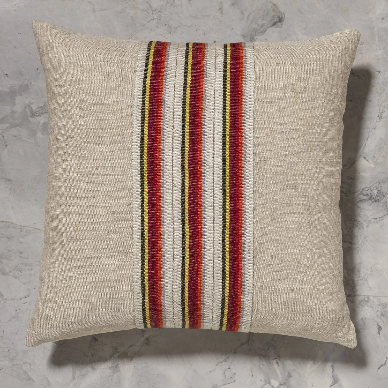 18x18" flax pillow with three center medium detail of HG 1935 handwoven linen tape trim