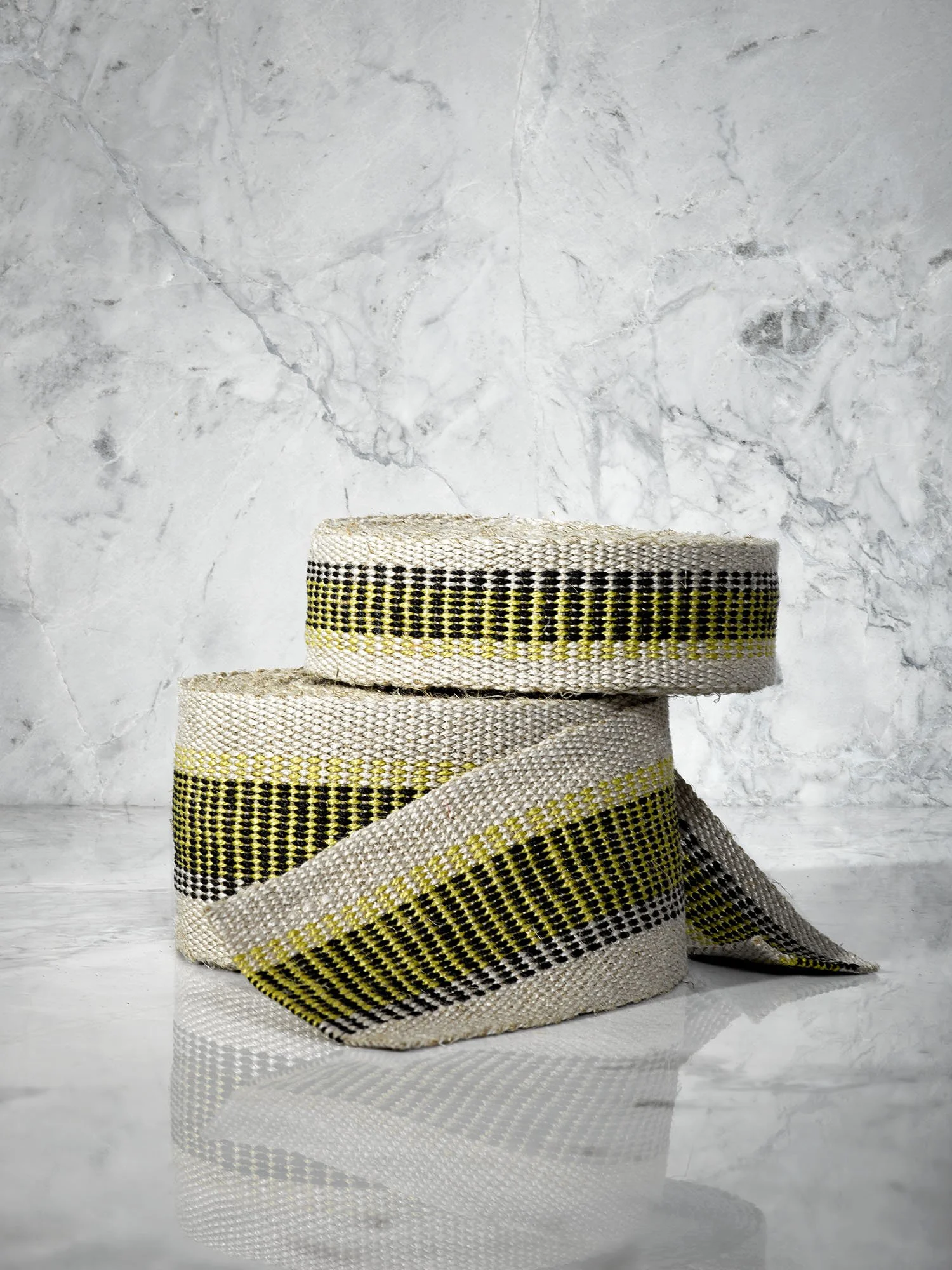 Lovegrass handwoven linen tape trim with black and citron stacked stripes in narrow and medium widths.