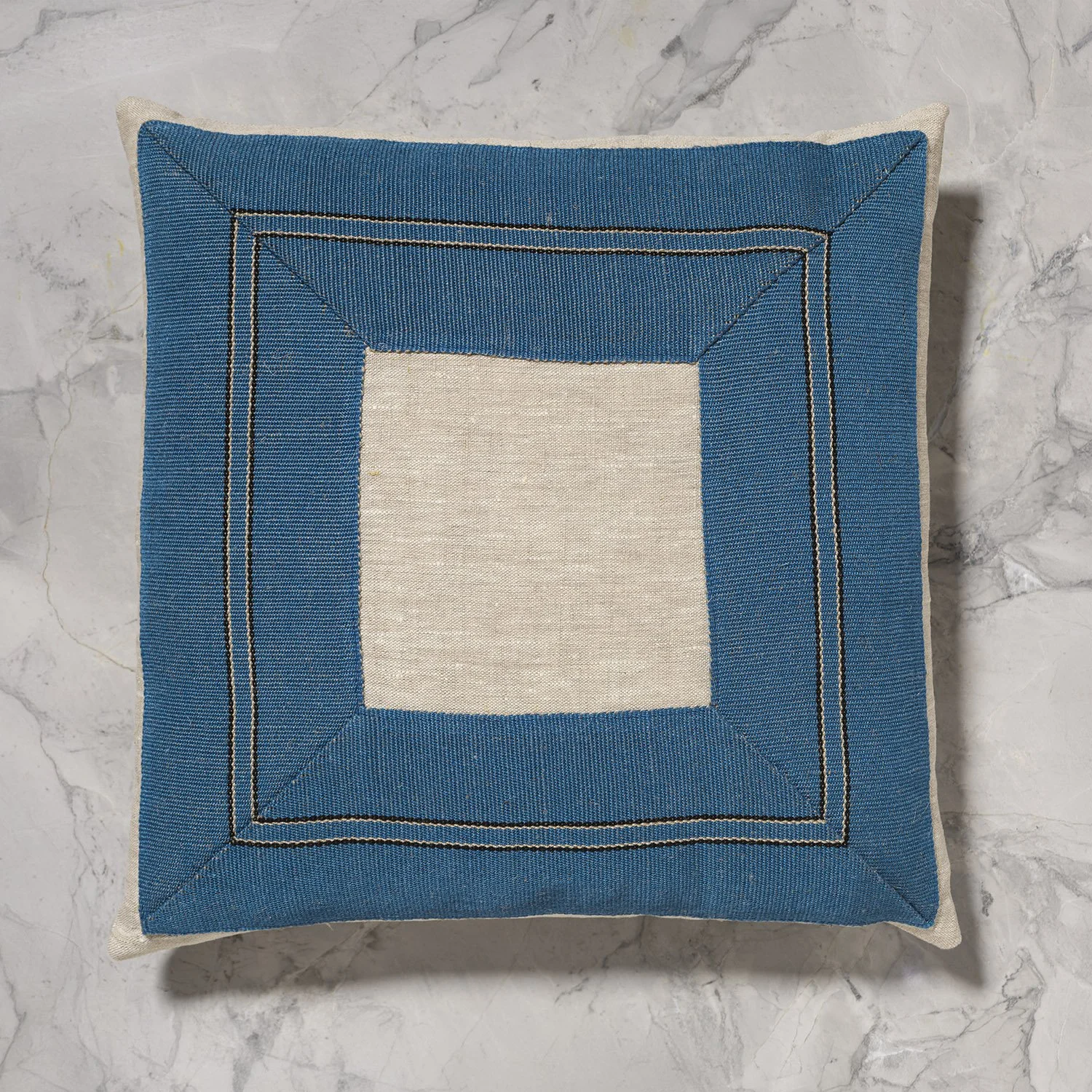 18x18" flax pillow with framed wide detail of Lysefjord handwoven linen tape trim