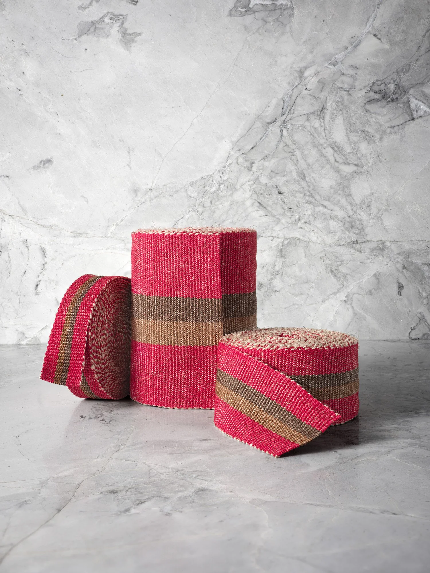 Red and Cocoa handwoven linen tape trim in deep, rich red and browns in narrow, medium and wide widths.
