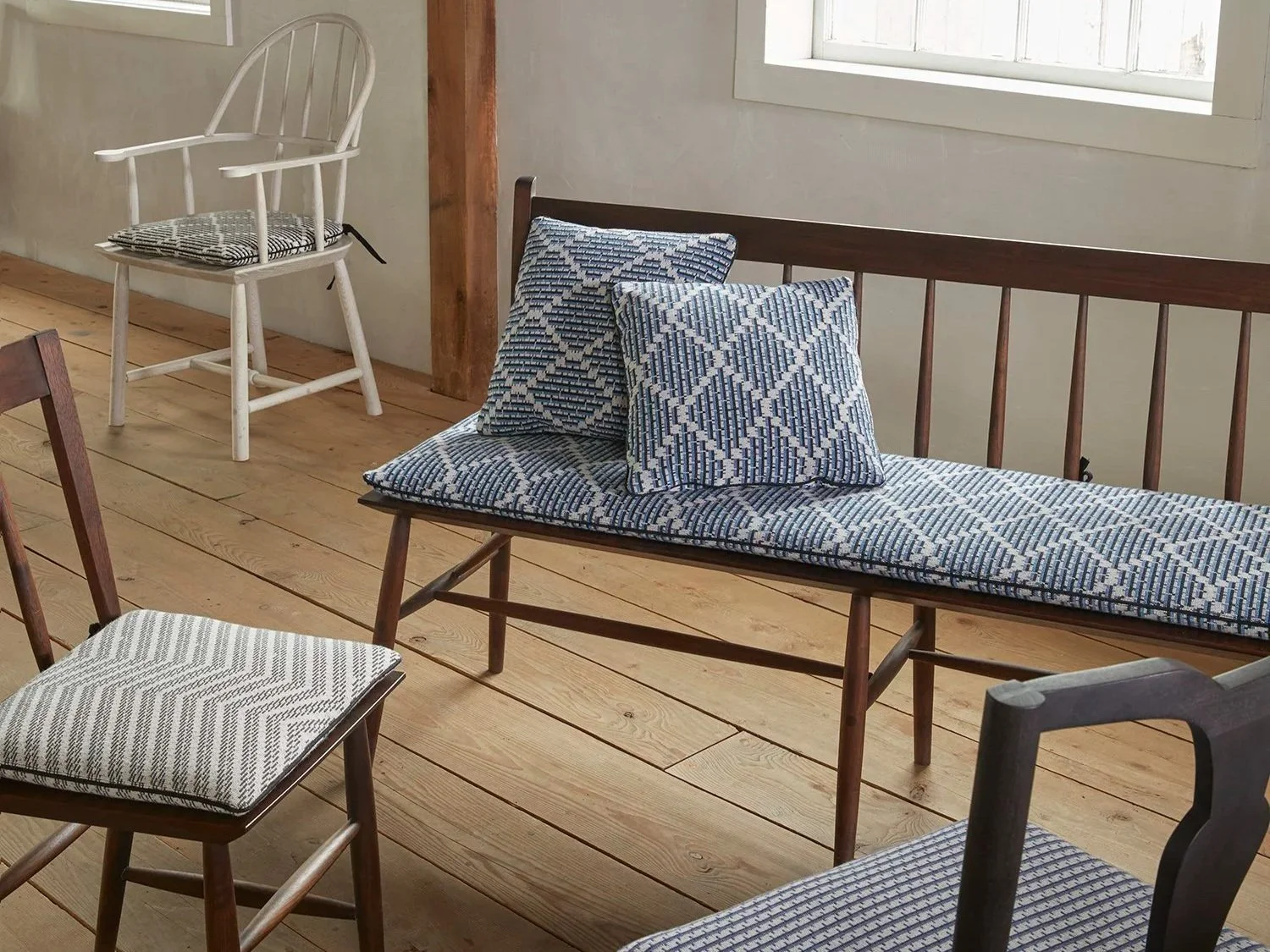 Stephanie Seal Brown for Schumacher épinglé fabric collection at Sawkille Furniture Co in Rhinebeck, NY. Photographed by Francesco Lagnese.