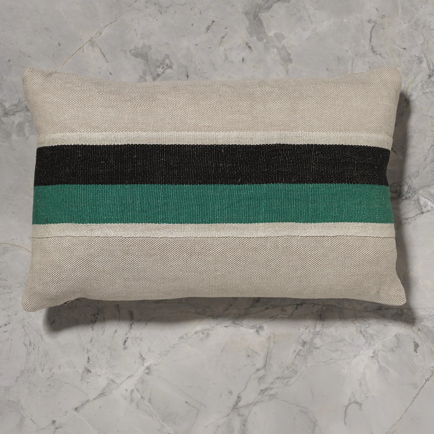 12x18" flax pillow with horizontal wide detail of Dorothy handwoven linen tape trim