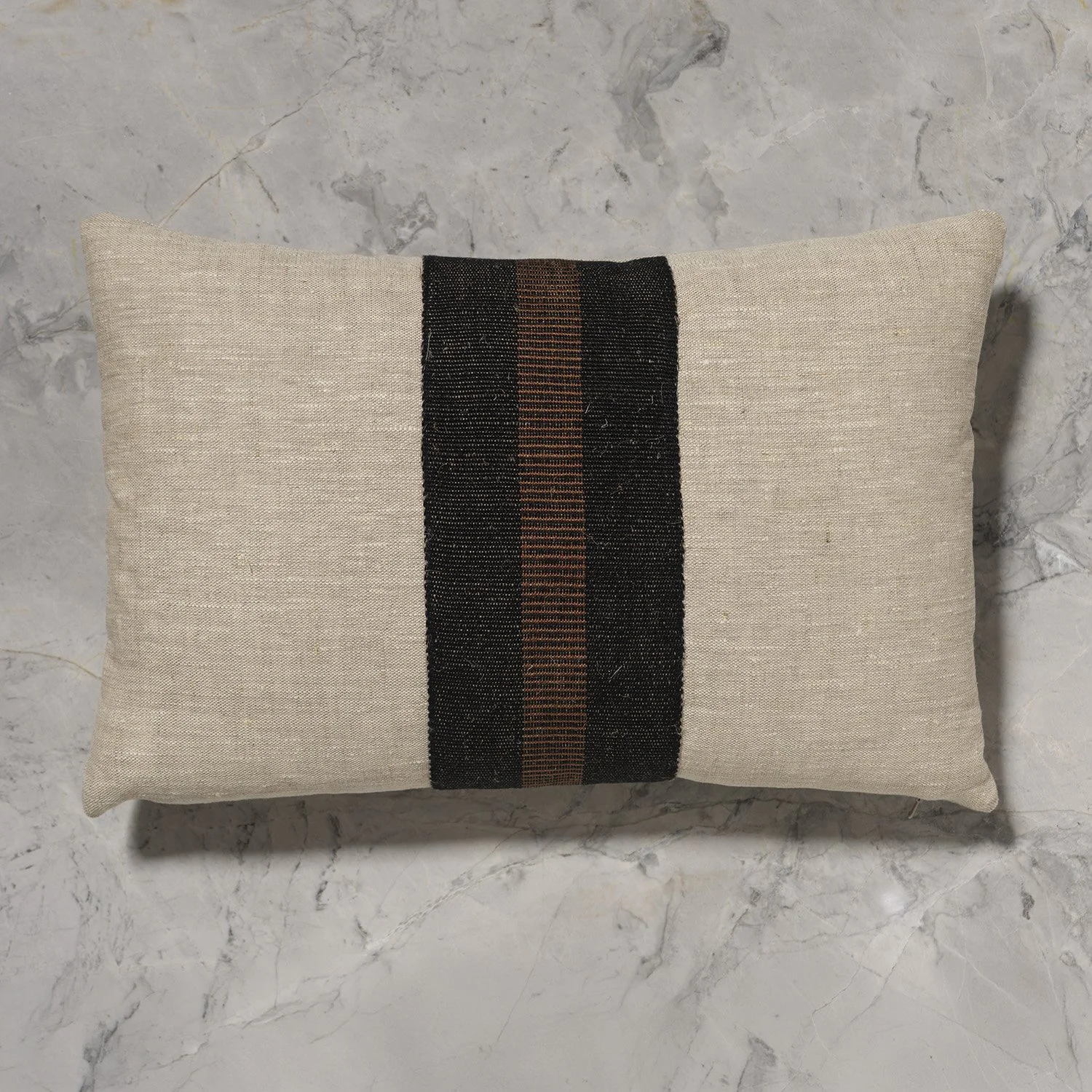 12x18" flax pillow with center wide detail of Cordwood handwoven linen tape trim