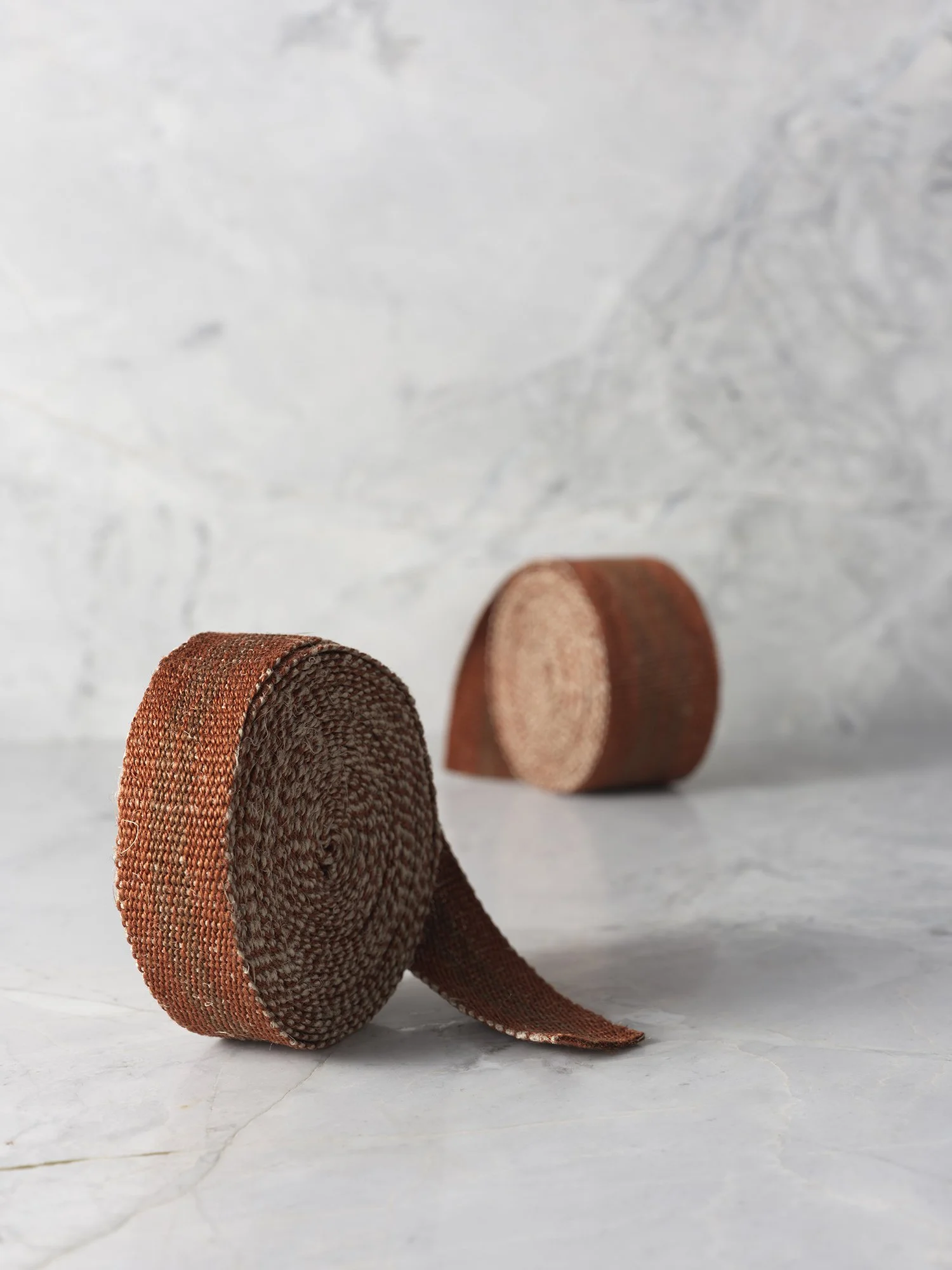 Barred Copper handwoven linen tape trim in two shades of brown: oak and a shimmery copper in narrow and medium widths.