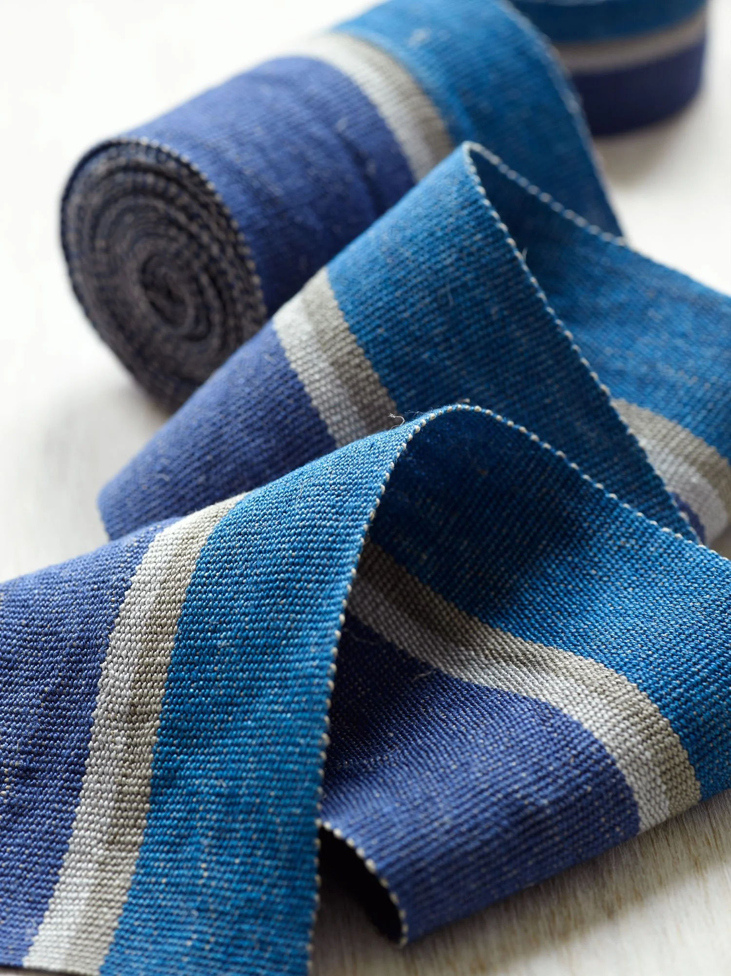 Ocean handwoven linen tape trim in two bold blues in wide width.