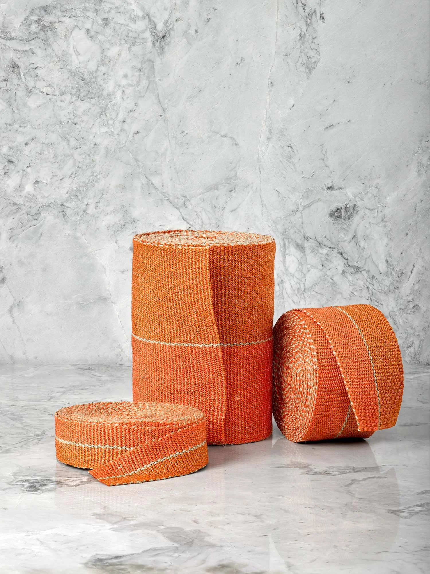 Potimarron handwoven linen tape trim in two oranges divided by a pinstripe of flax in narrow, medium and wide widths.