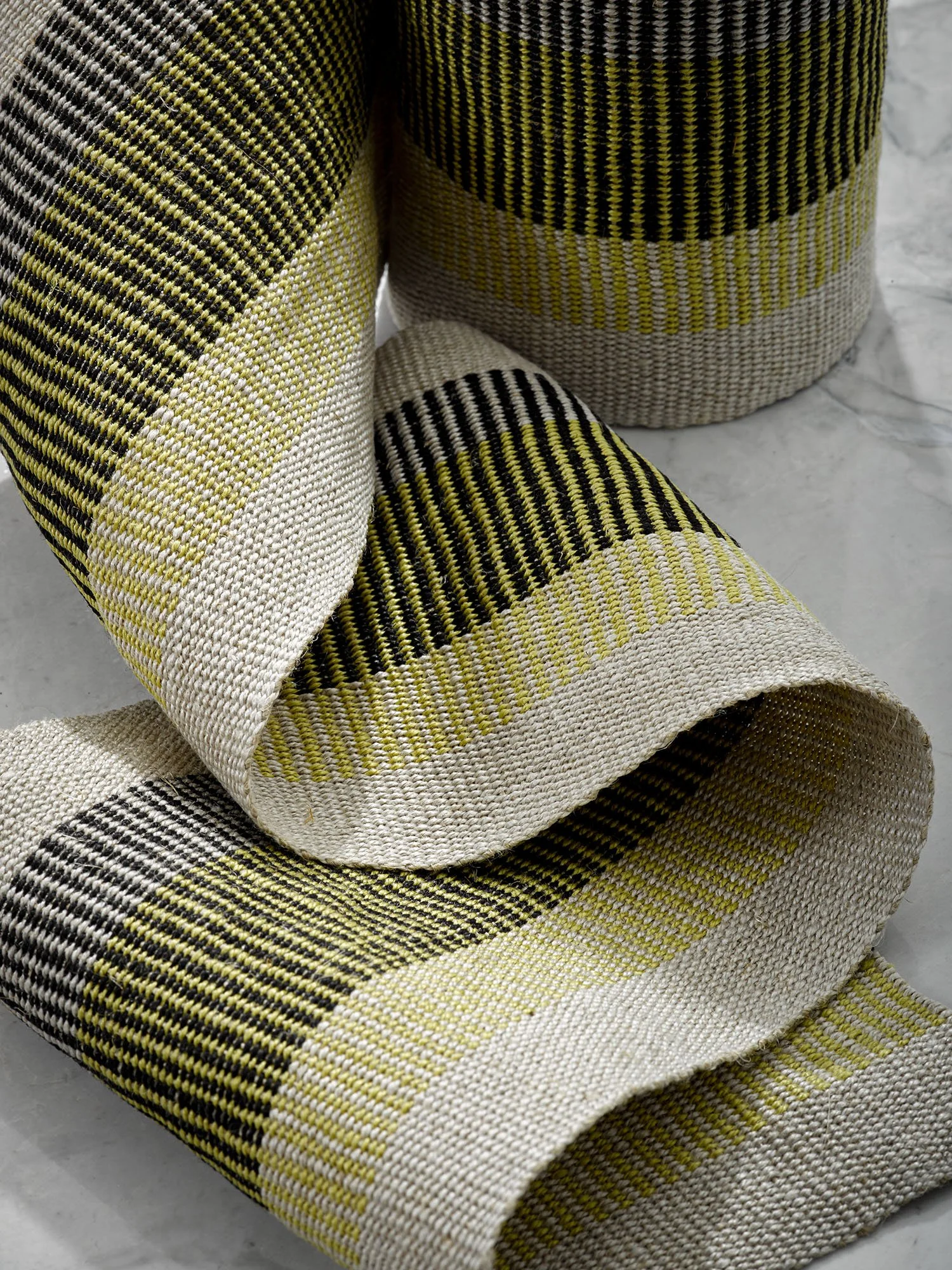 Lovegrass handwoven linen tape trim with black and citron stacked stripes in wide width.