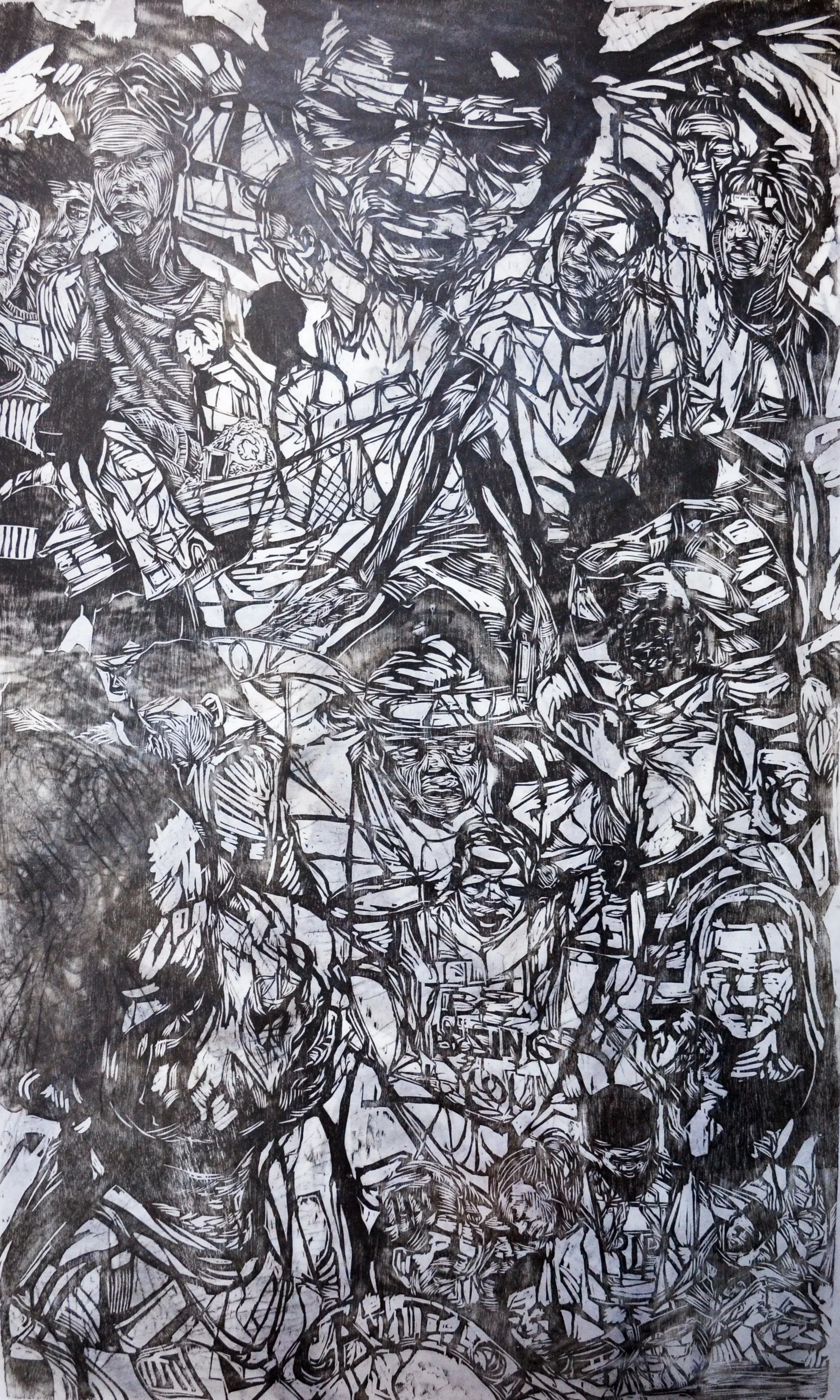 I'll Be Missing You
Mixed Media (Woodcut, acrylic, charcoal, textiles, printed on sekishu paper)
36" x 60"