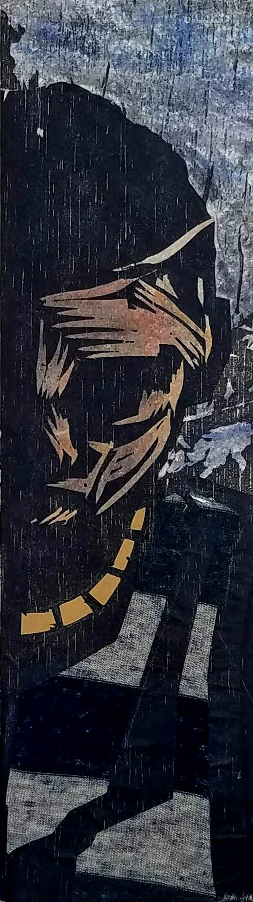 Night Light
Woodcut, acrylic, charcoal, textiles, printed on sekishu paper
4" x 12"