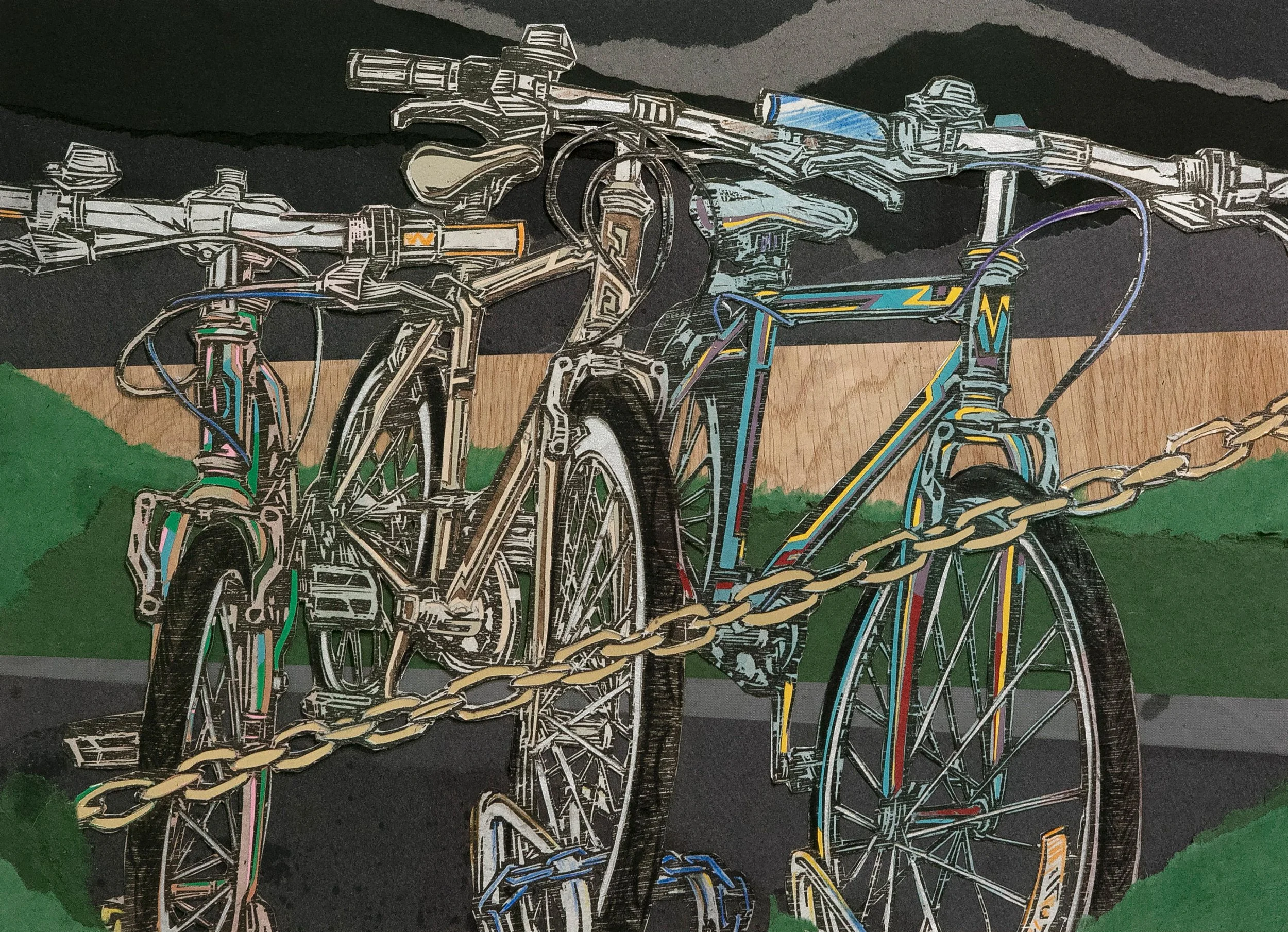 Bicycling 
Woodcut, acrylic, charcoal, textiles, printed on sekishu paper
60" x 36"