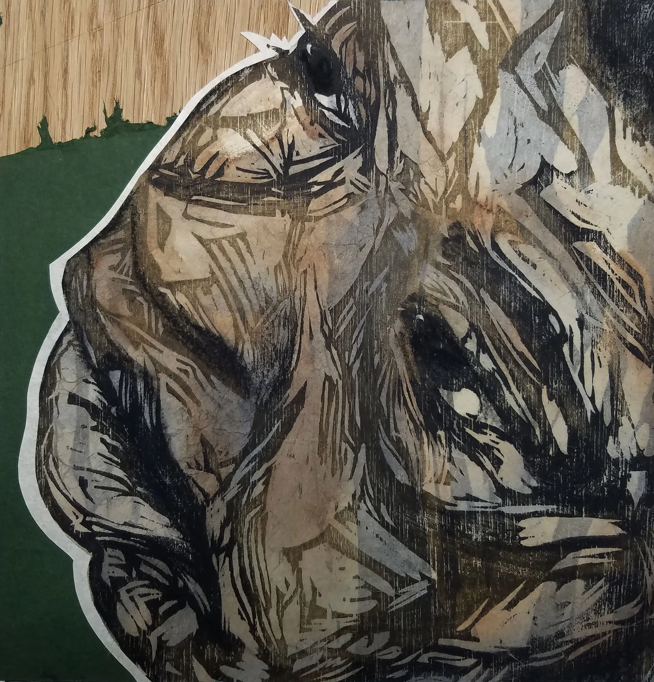 Looking to the Heavens
Woodcut, acrylic, charcoal, textiles, printed on sekishu paper
12" x 12