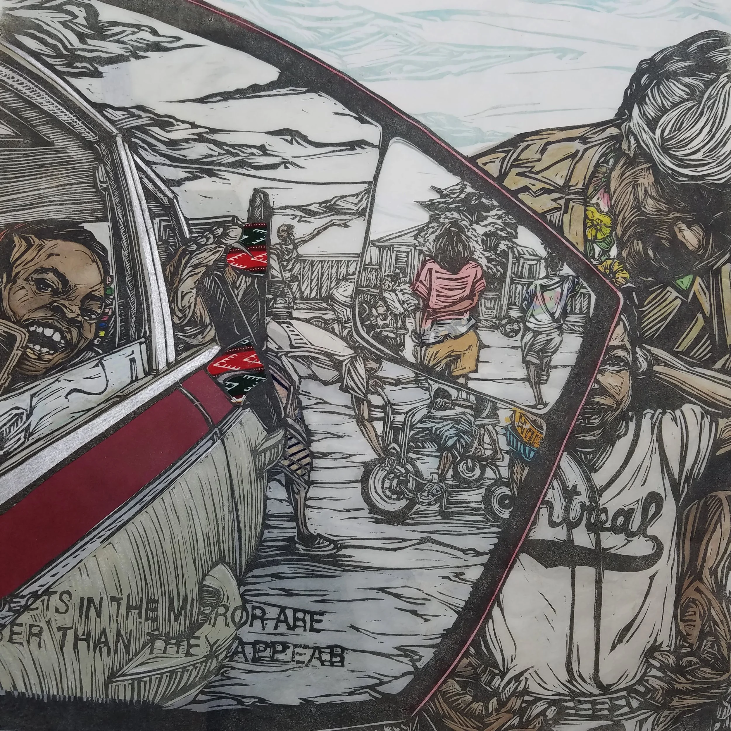 Reflections
Woodcut, acrylic, charcoal, textiles, printed on sekishu paper
24" x 24"